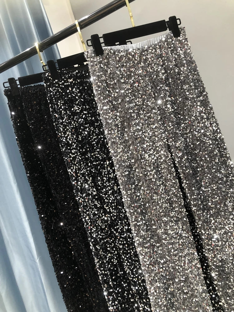 Damen Pailletten Hose Weites Bein – Glitzernde Freizeithose mit Elastischem Bund