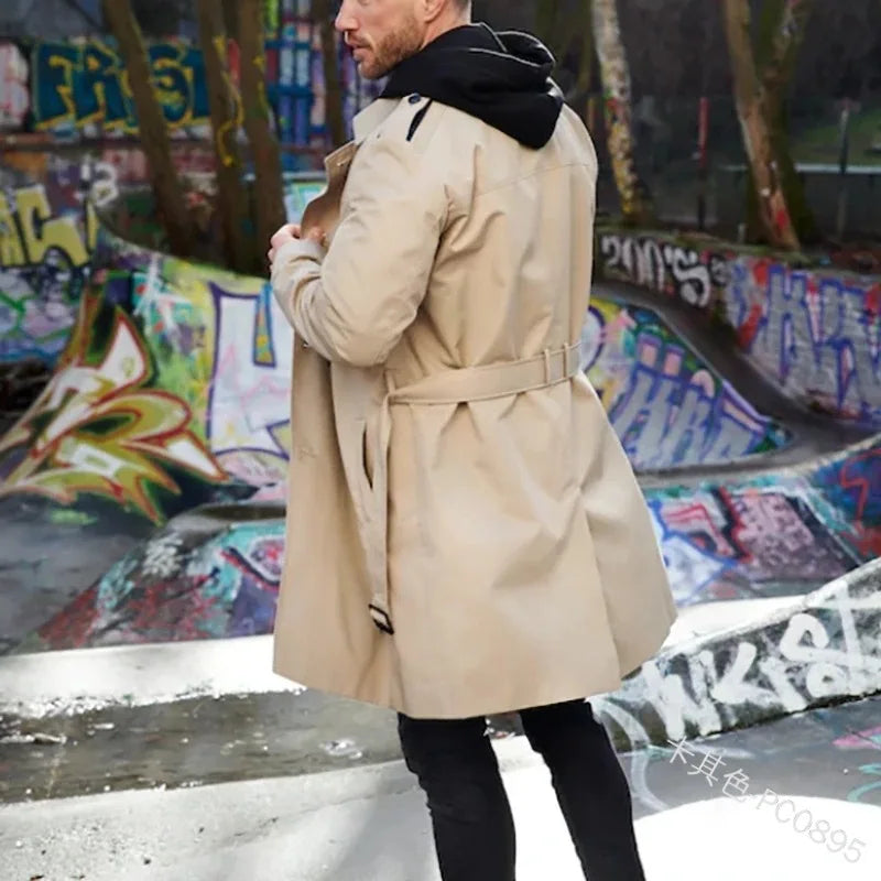 Herren Trenchcoat Doppelreihig Revers Langarm Gürtel Knöpfe