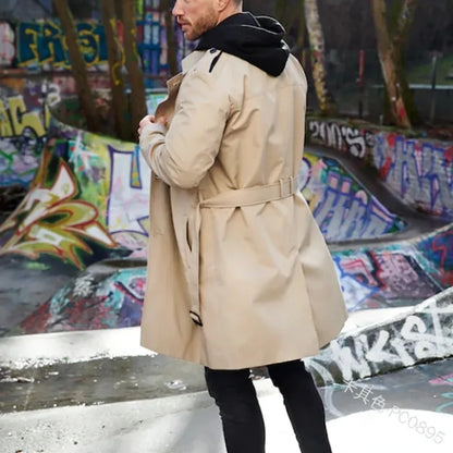 Herren Trenchcoat Doppelreihig Revers Langarm Gürtel Knöpfe