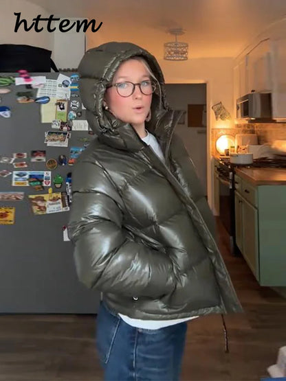 Glänzende Damen Steppjacke mit Kapuze, Grün