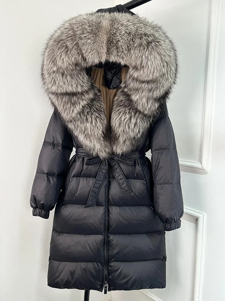 Damen Daunenmantel Schwarz mit Echtfellkragen und Bindegürtel Langer Winterparka