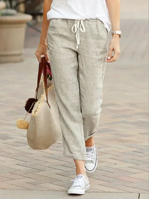 Damen Leinenhose mit Gummibund und Kordelzug, Cropped-Länge