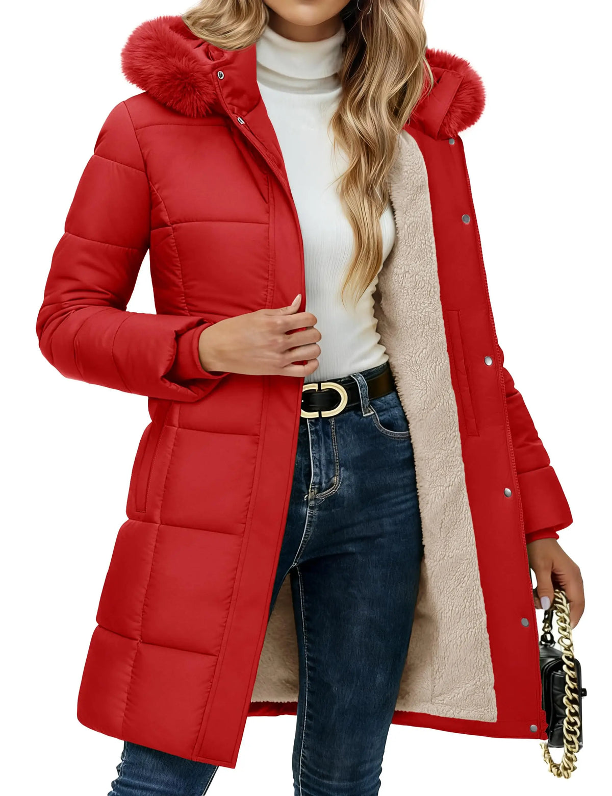 Damen Winterparka gesteppt mit Kunstfellkapuze und Teddyfutter