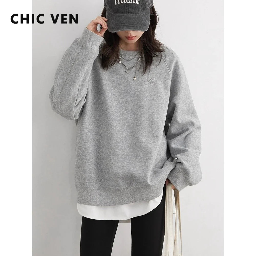 Damen Sweatshirt Rundhals Langarm Bestickt Türkis