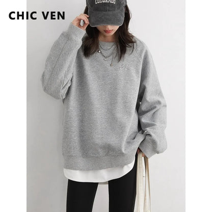Damen Sweatshirt Rundhals Langarm Bestickt Türkis