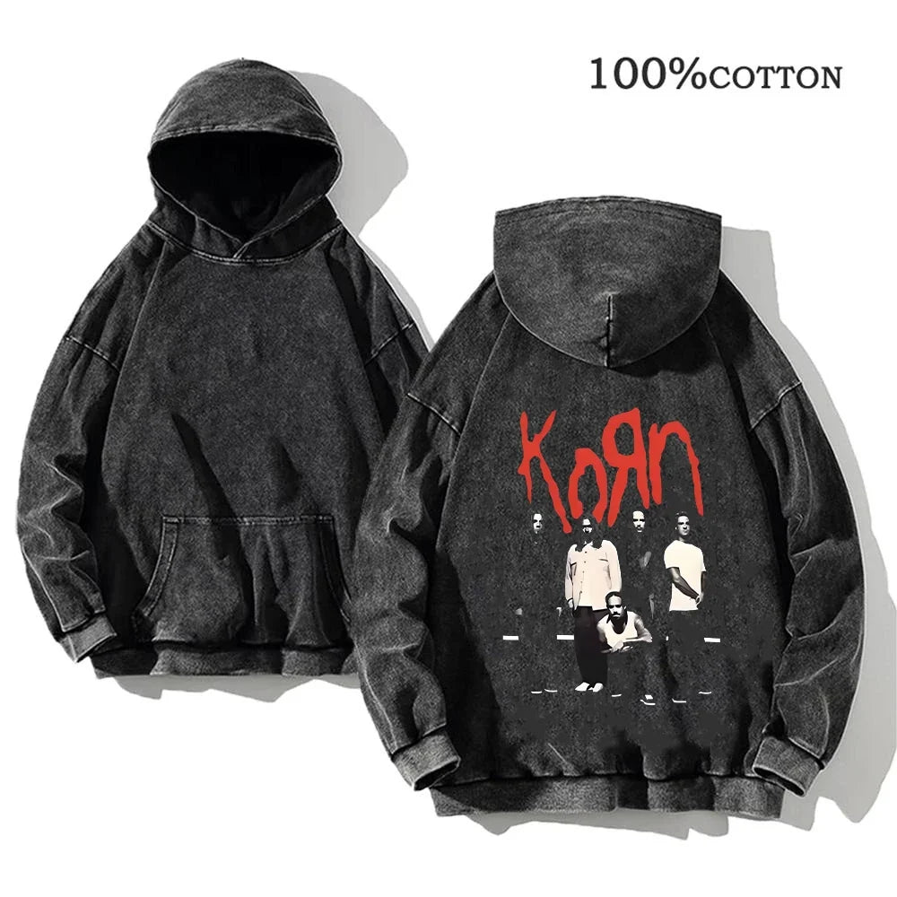 Unisex Kapuzenpullover Grau verwaschen mit Band-Print Vorn & Hinten
