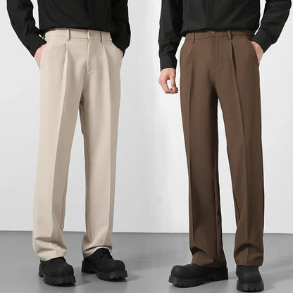 Herren Freizeithose Weites Bein Bundfalten Beige Braun