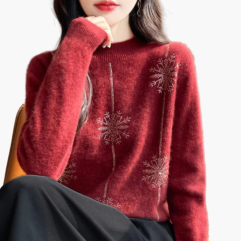 Damen Pullover mit Strass Schneeflocken Dekor – Eleganter Winter Strickpullover für Alltag und Büro