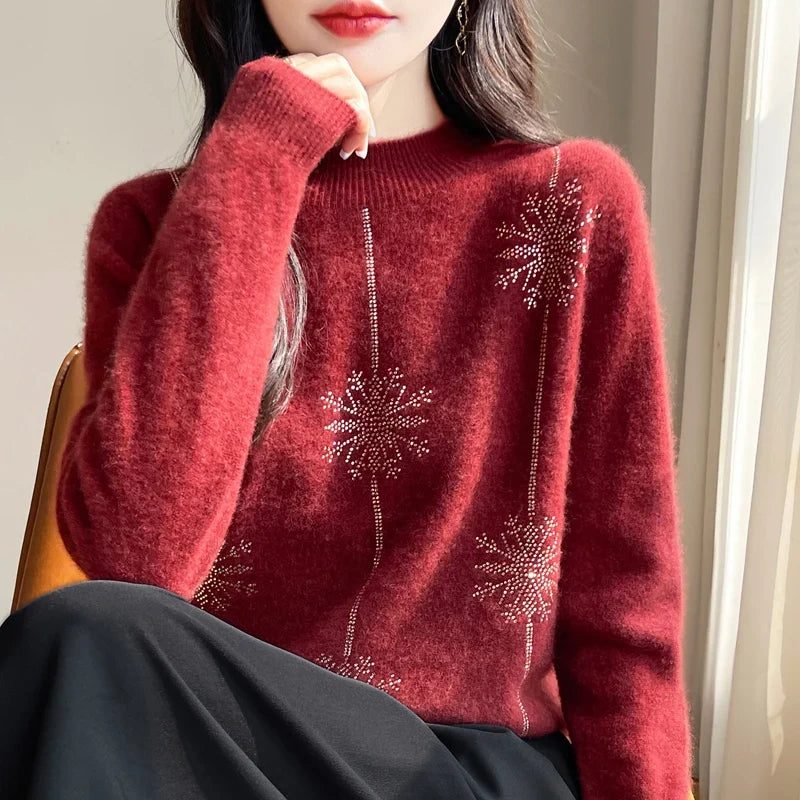 Damen Pullover mit Stehkragen und Schneeflocken-Strassmuster