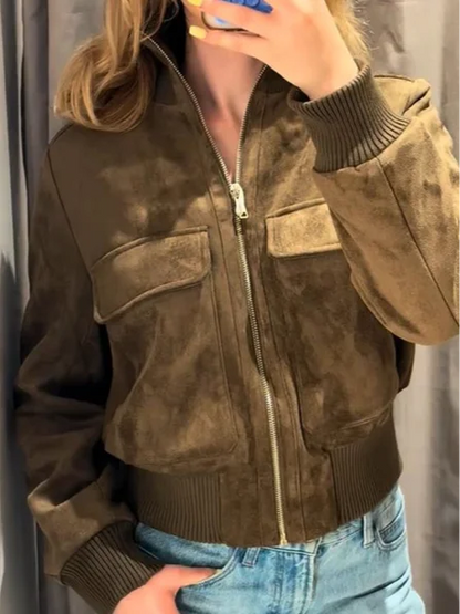 Damen Bomberjacke aus Wildleder-Optik mit Stehkragen und Taschen