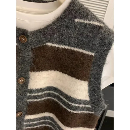 Damen Strickweste gestreift mit Knöpfen - Grau Braun Beige
