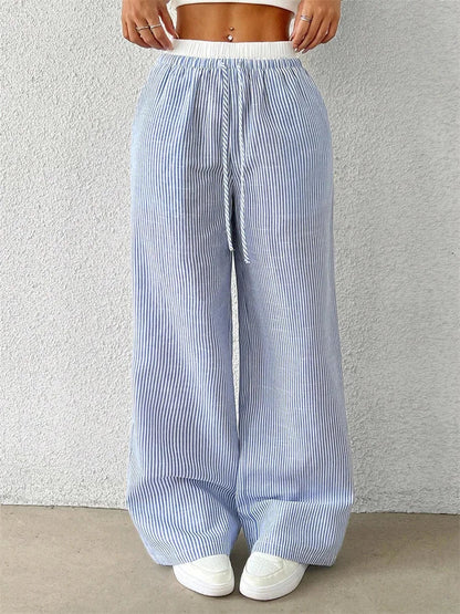 Damen Weite Hose mit Streifenmuster, Hohem Bund und Kordelzug – Lange Palazzo Hose