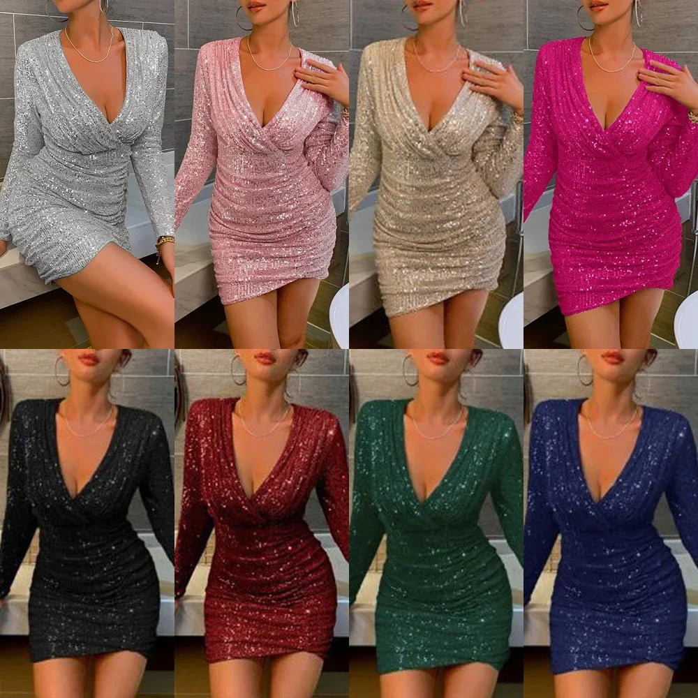 Damen Partykleid mit Pailletten und tiefem V-Ausschnitt – Elegantes Minikleid für besondere Anlässe