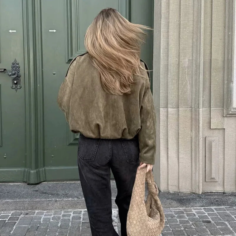 Damen Bomberjacke Kurz Oversize Grün mit Kragen