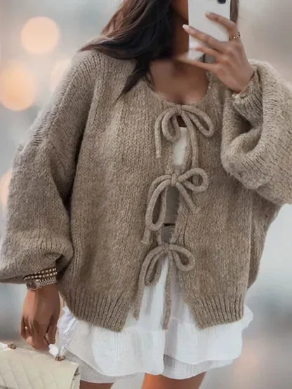 Damen Strickjacke mit Bindebändern – Grobstrick Cardigan