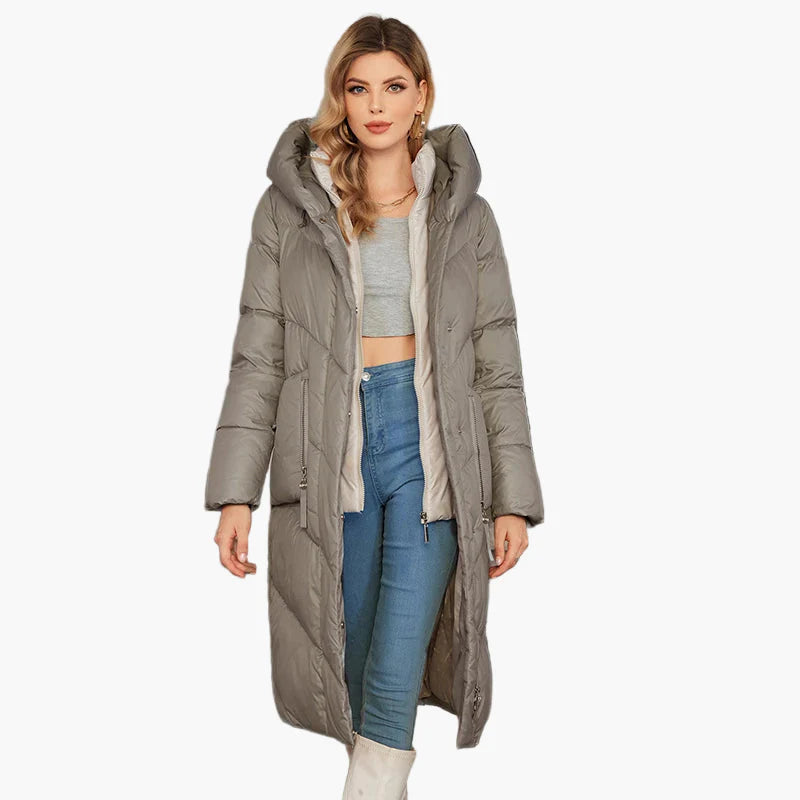 Damen Winter Steppmantel mit Kapuze, langer Daunenstil, modisch und warm für Alltag & Freizeit