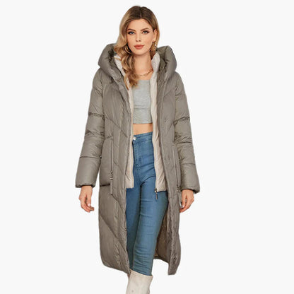 Damen Winter Steppmantel mit Kapuze, langer Daunenstil, modisch und warm für Alltag & Freizeit