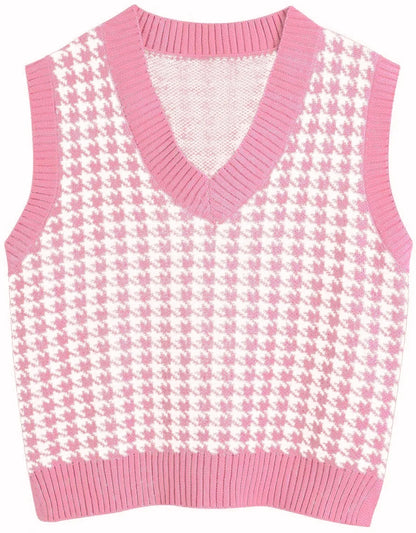 Damen Pullunder Hahnentritt V-Ausschnitt Strickweste Beige