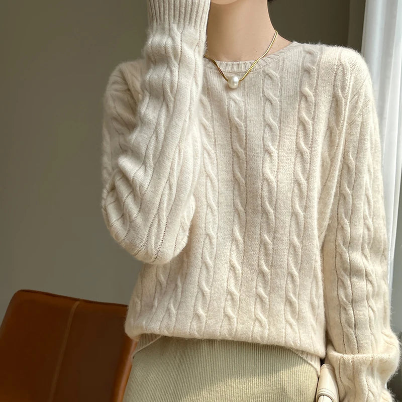 Damen Strickpullover Zopfmuster Rundhals Langarm