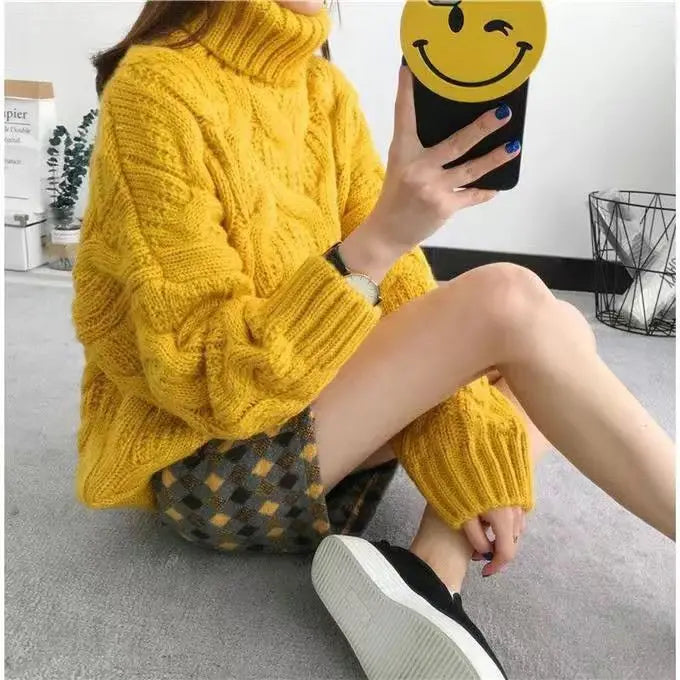Damen Rollkragenpullover Gelb Strick Zopfmuster Oversized