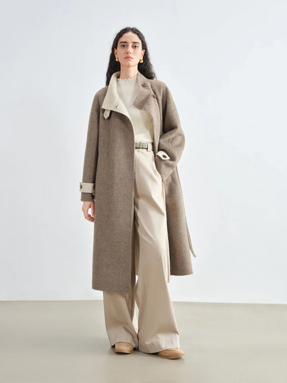 Damen Mantel Lang Wickeldesign Braun Stehkragen