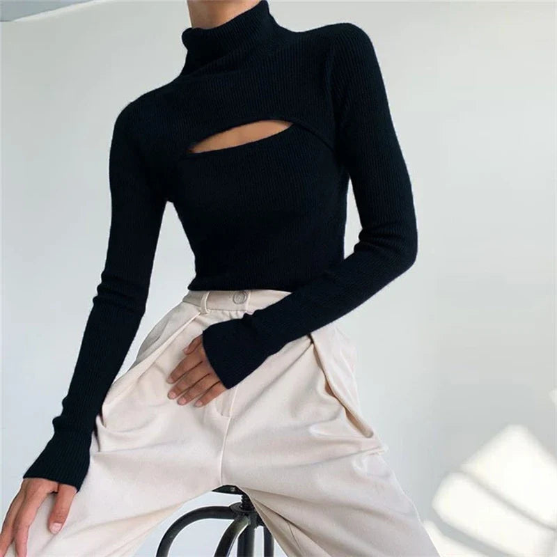 Damen Rollkragenpullover Gerippt mit Cut-Out Langarm Oberteil