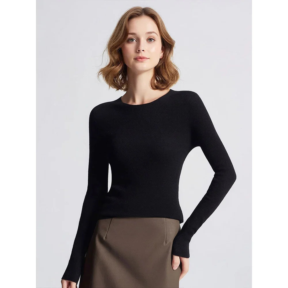 Damen Langarmshirt Rundhals Basic Slim Fit Pullover Gerippt