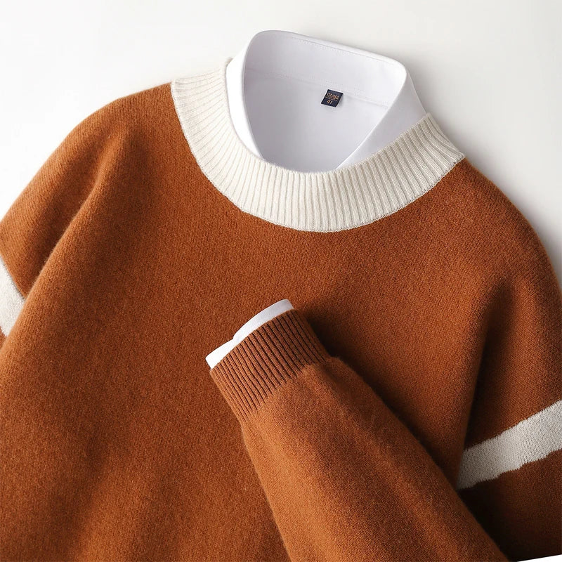 Herren Pullover Strick Rundhals Karamellbraun mit weißen Streifen