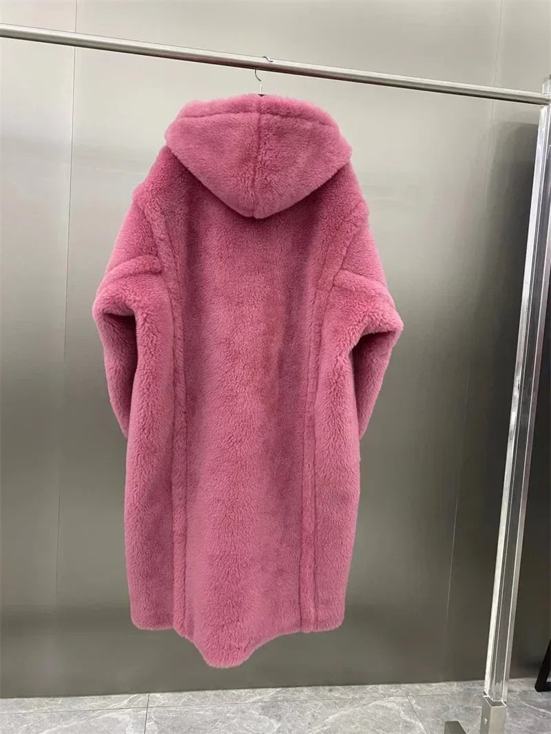 Damen Teddyfell Mantel lang mit Kapuze und Handschuhen