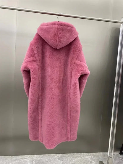 Damen Teddyfell Mantel lang mit Kapuze und Handschuhen