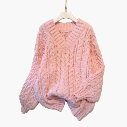 Damen Strickpullover im Zopfmuster-Stil – Gemütlicher V-Ausschnitt für Alltag & Freizeit