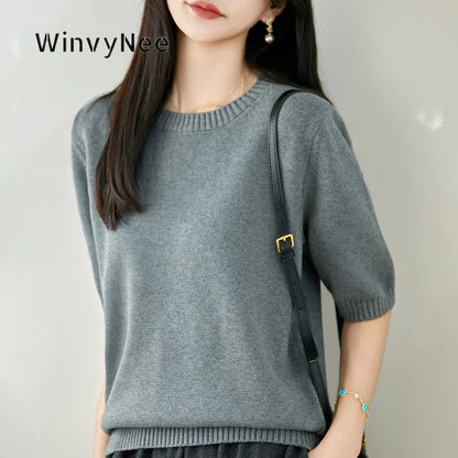 Damen Kurzarm Strickpullover Rundhals Weich Strickshirt