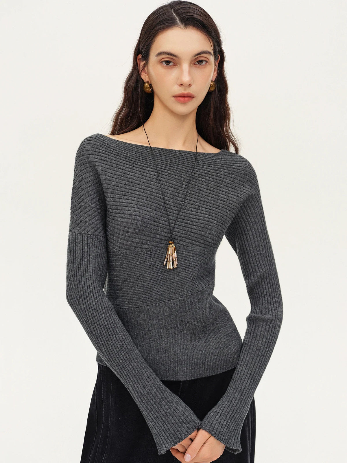 Damen Rippstrick Pullover U-Boot-Ausschnitt Langarm Beige