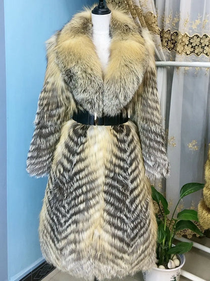 Damen Langer Mantel aus Kunstfell mit Chevron-Muster und Kragen