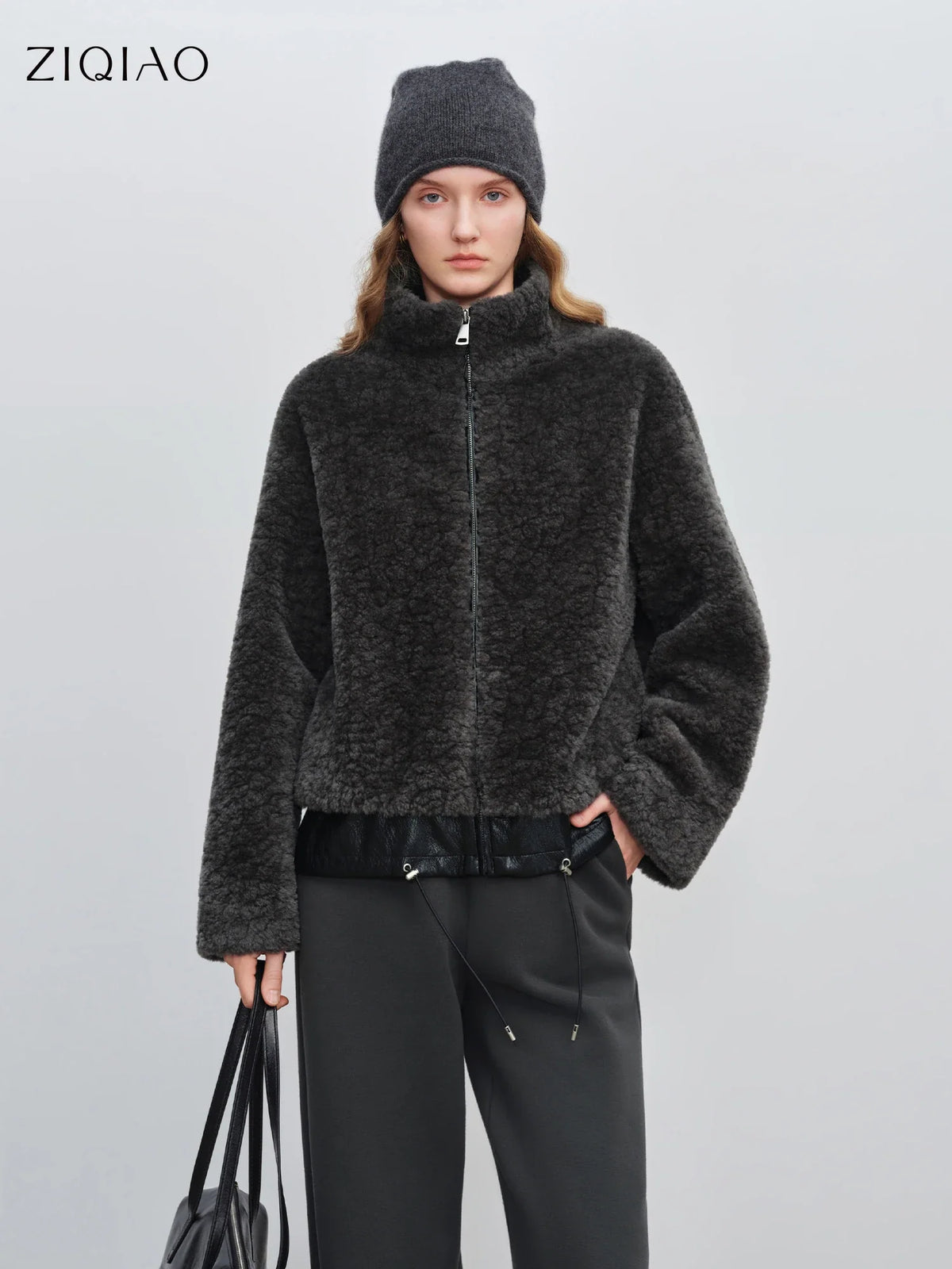 Damen Stehkragen Jacke Dunkelgrau mit Reißverschluss und Saumdetails