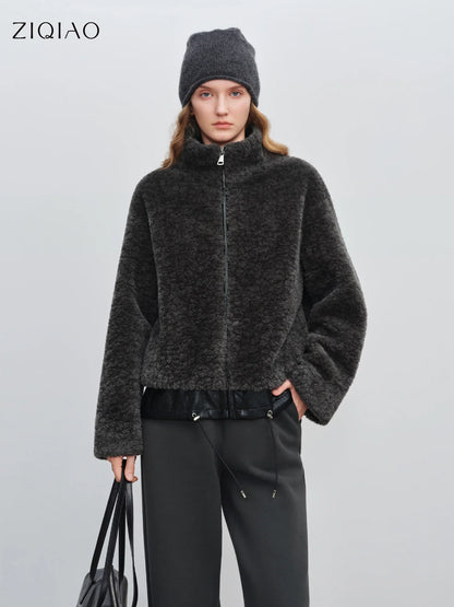 Damen Stehkragen Jacke Dunkelgrau mit Reißverschluss und Saumdetails