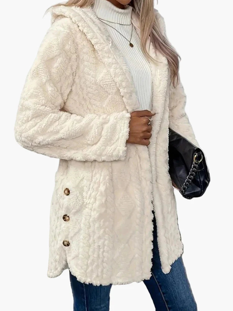 Damen Fleece Kapuzenjacke mit Knopfdetails – Kuschelige Freizeitjacke für Herbst & Winter