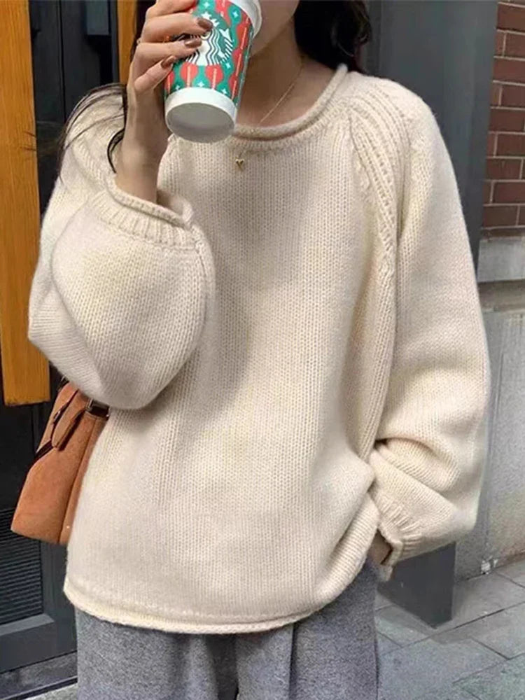 Damen Strickpullover Rundhals Oversize Raglanärmel