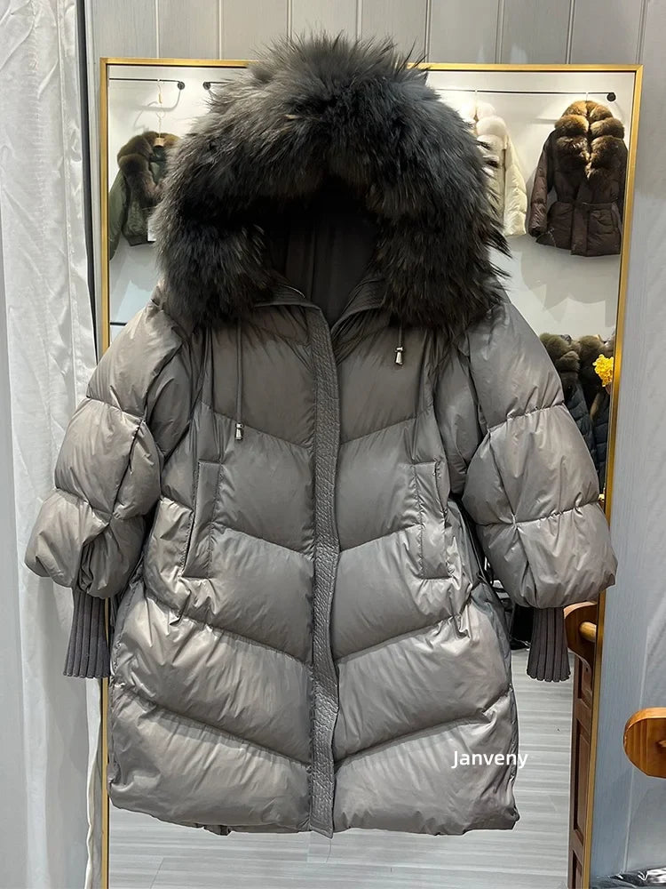 Damen Steppmantel mit Kapuze und Fellimitatbesatz, Warm Gefütterter Winterparka