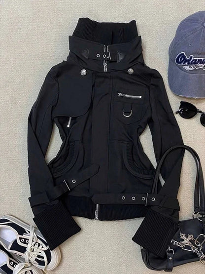 Damen Jacke Schwarz mit Stehkragen und Details