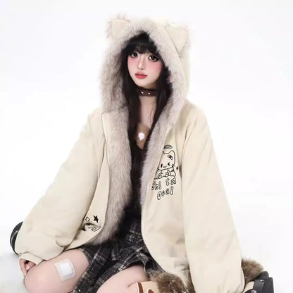 Damen Jacke mit Tierohren Kapuze, Plüschfutter und Stickerei