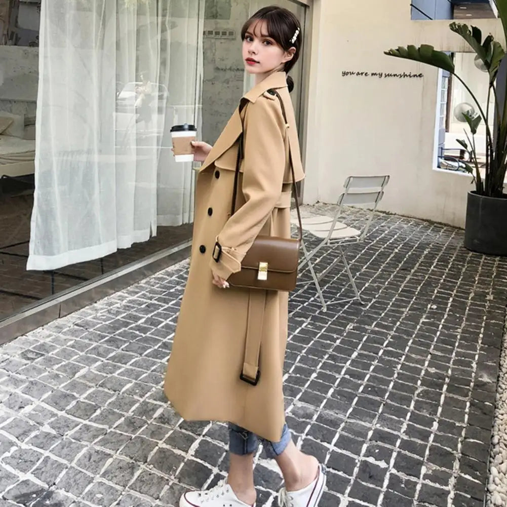 Damen Trenchcoat Lang Zweireihig Mit Gürtel und Reverskragen