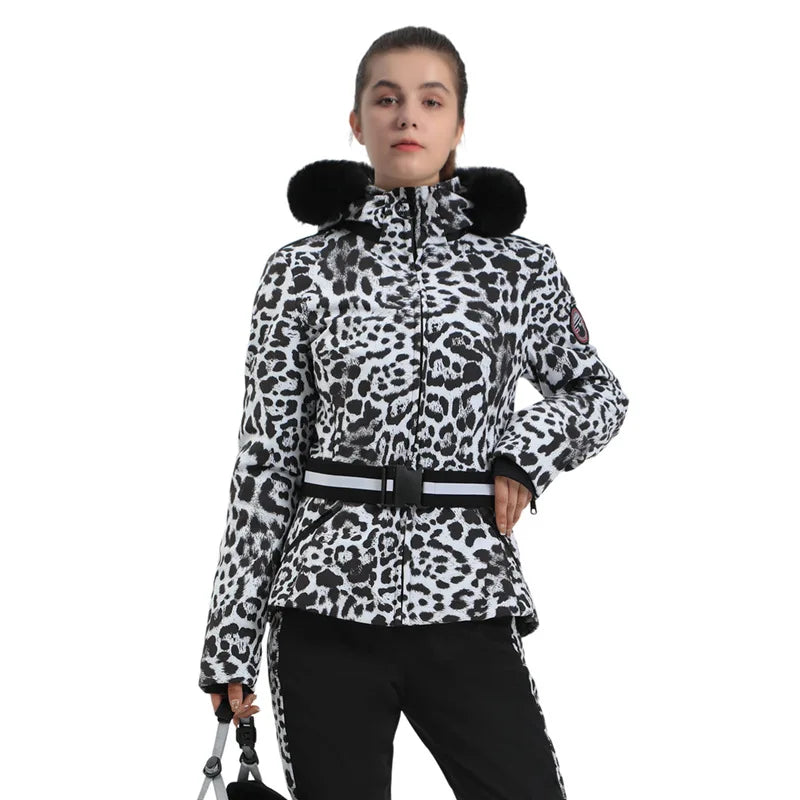 Damen Skijacke mit Kunstfellkapuze & Gürtel, Schwarz-Beige Hahnentritt