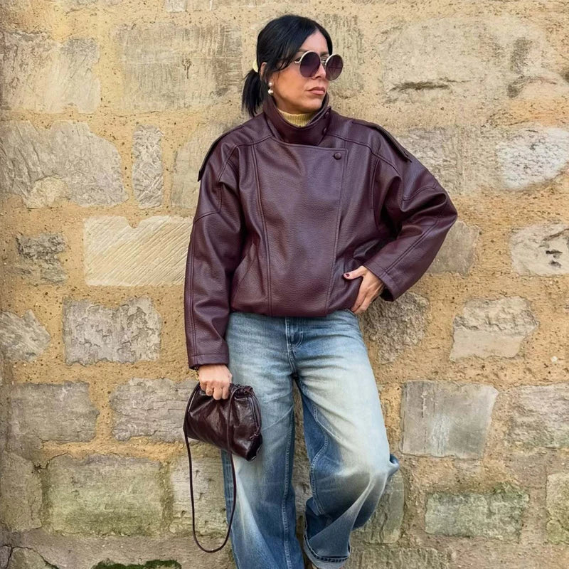 Damen Bikerjacke im Oversize-Stil mit Stehkragen und asymmetrischem Reißverschluss