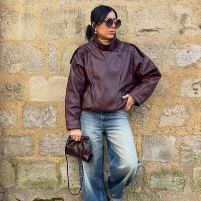 Damen Bikerjacke im Oversize-Stil mit Stehkragen und asymmetrischem Reißverschluss