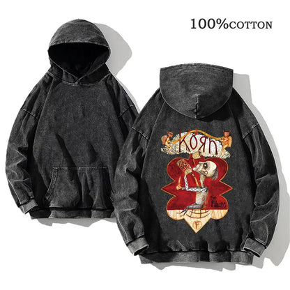 Unisex Kapuzenpullover Grau verwaschen mit Band-Print Vorn & Hinten