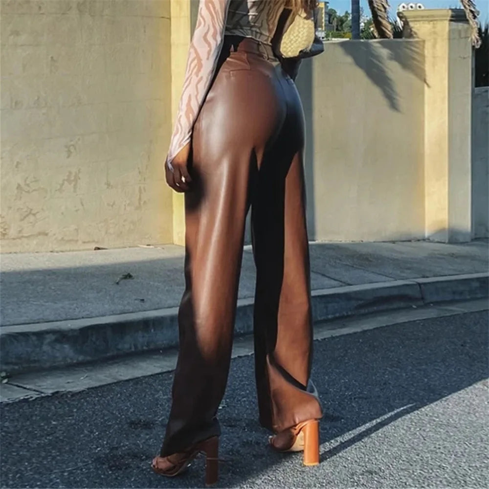 Damen Kunstleder Hose Weites Bein – Hochgeschnittene Hose mit glänzender Optik in verschiedenen Farben