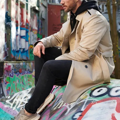 Herren Trenchcoat Doppelreihig Revers Langarm Gürtel Knöpfe
