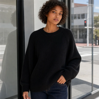 Damen Oversize Rippstrick Pullover Rundhals