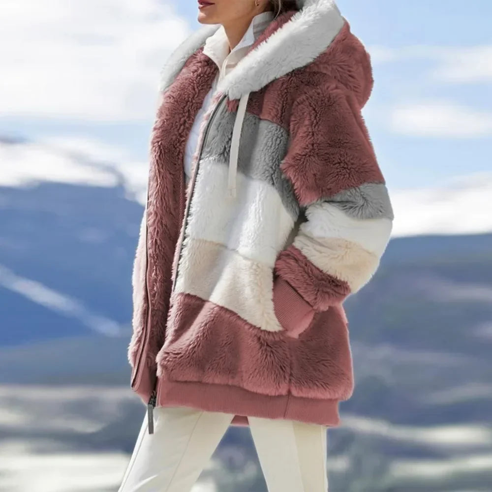 Damen Teddyfell Jacke mit Kapuze Reißverschluss Mehrfarbig Blockstreifen Winter